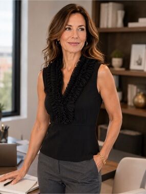 White House Black Market Black Sleeveless Ruffle V-Neck Tank
